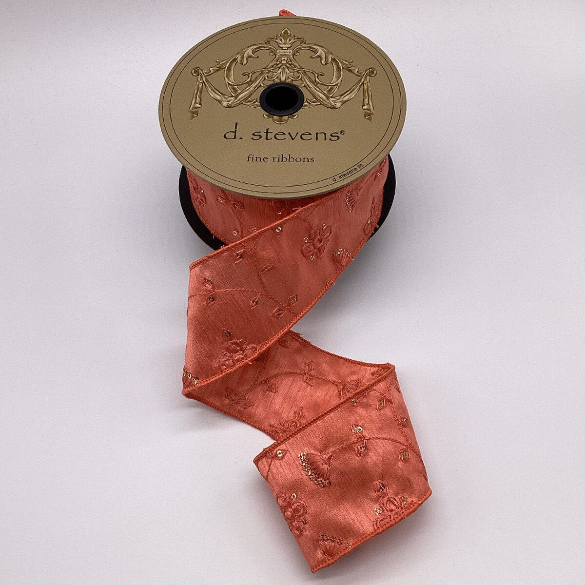 Coral Dupion Sequin Embroidery Floral Ribbon 2.5" x 10 Yds