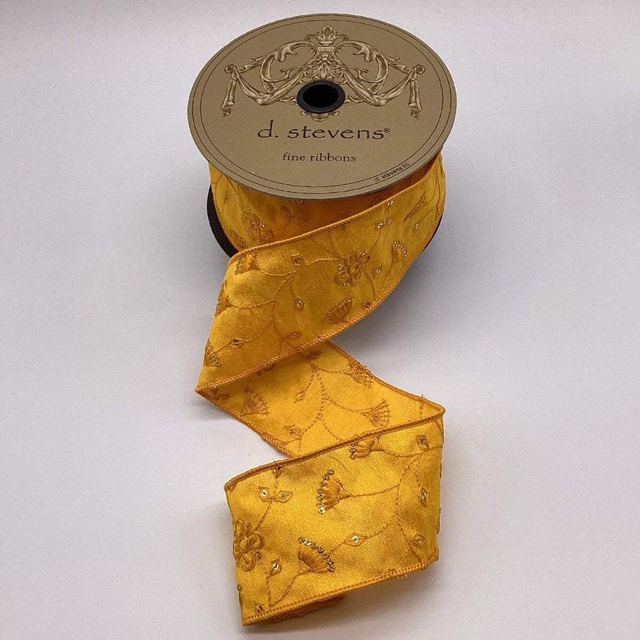 Golden Rod Dupion Sequin Embroidery Floral Ribbon 2.5" x 10 Yds