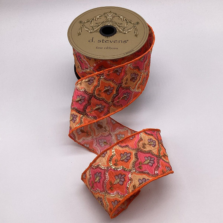 Sequin Tile Ribbon Pink Orange Dupion 2.5 Inch x 10 Yds