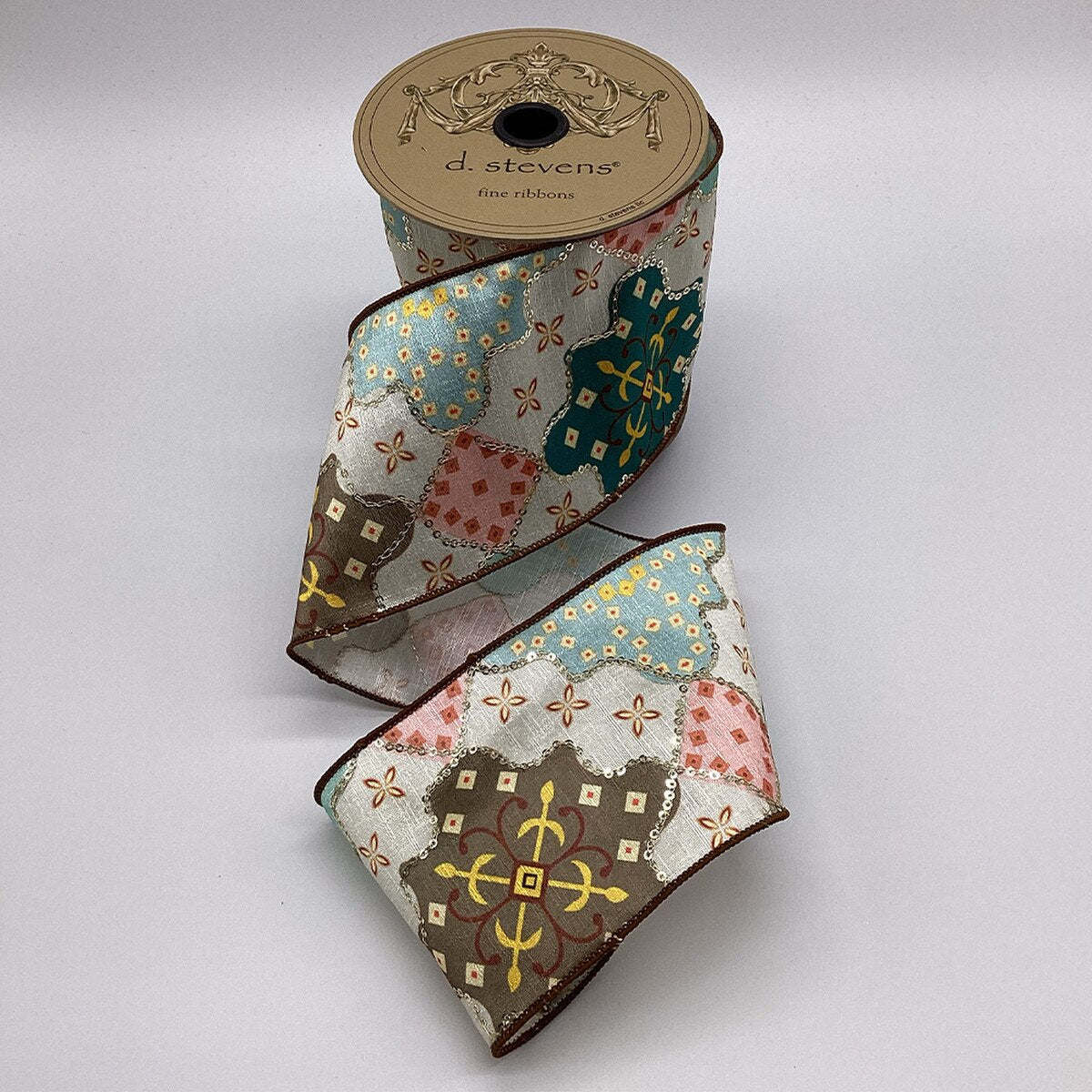 Sequin Patchwork Tile Ribbon Teal White Pink 4" x 10 Yds