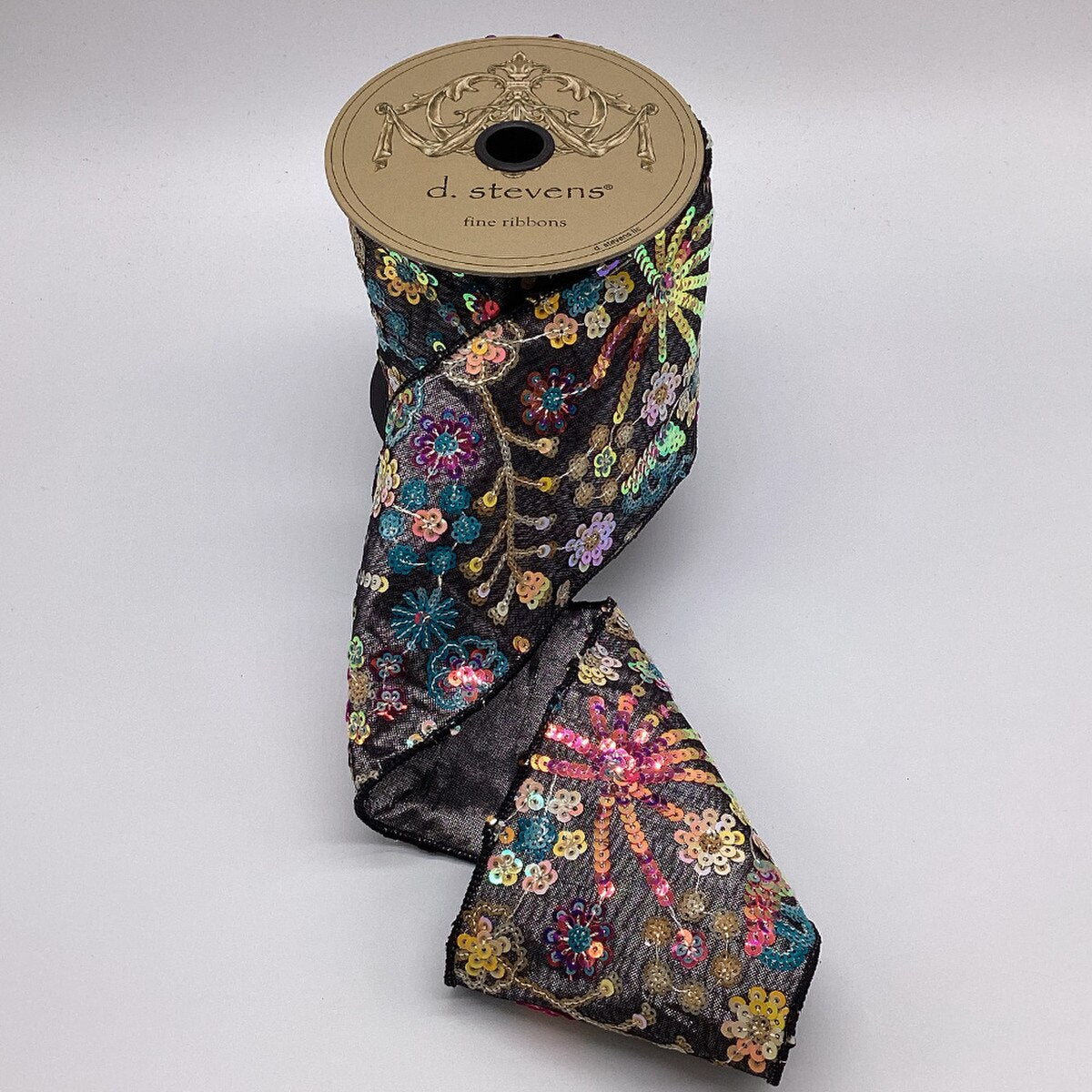 Black Metallic Dupion Sequin Floral Ribbon 4 Inch x 5 Yards