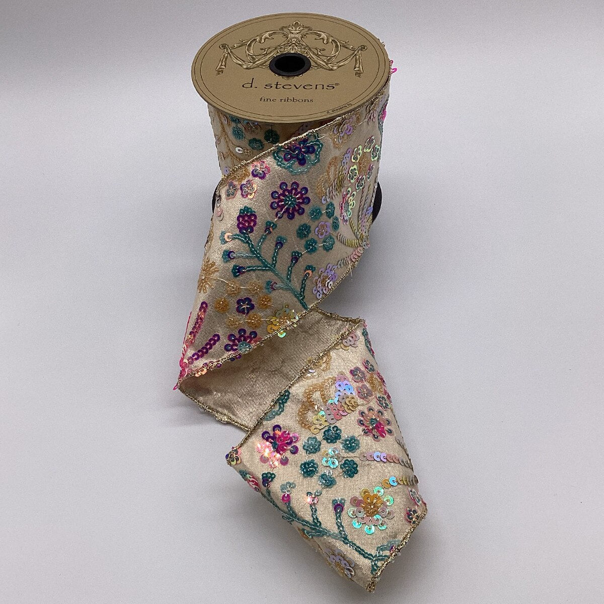 Platinum Metallic Dupion Sequin Floral Ribbon 4" x 5 Yds