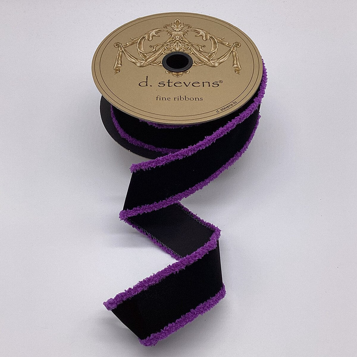 Flocked Velvet Ribbon with Faux Fur Trim Black Purple 1.5" x 10 Yds