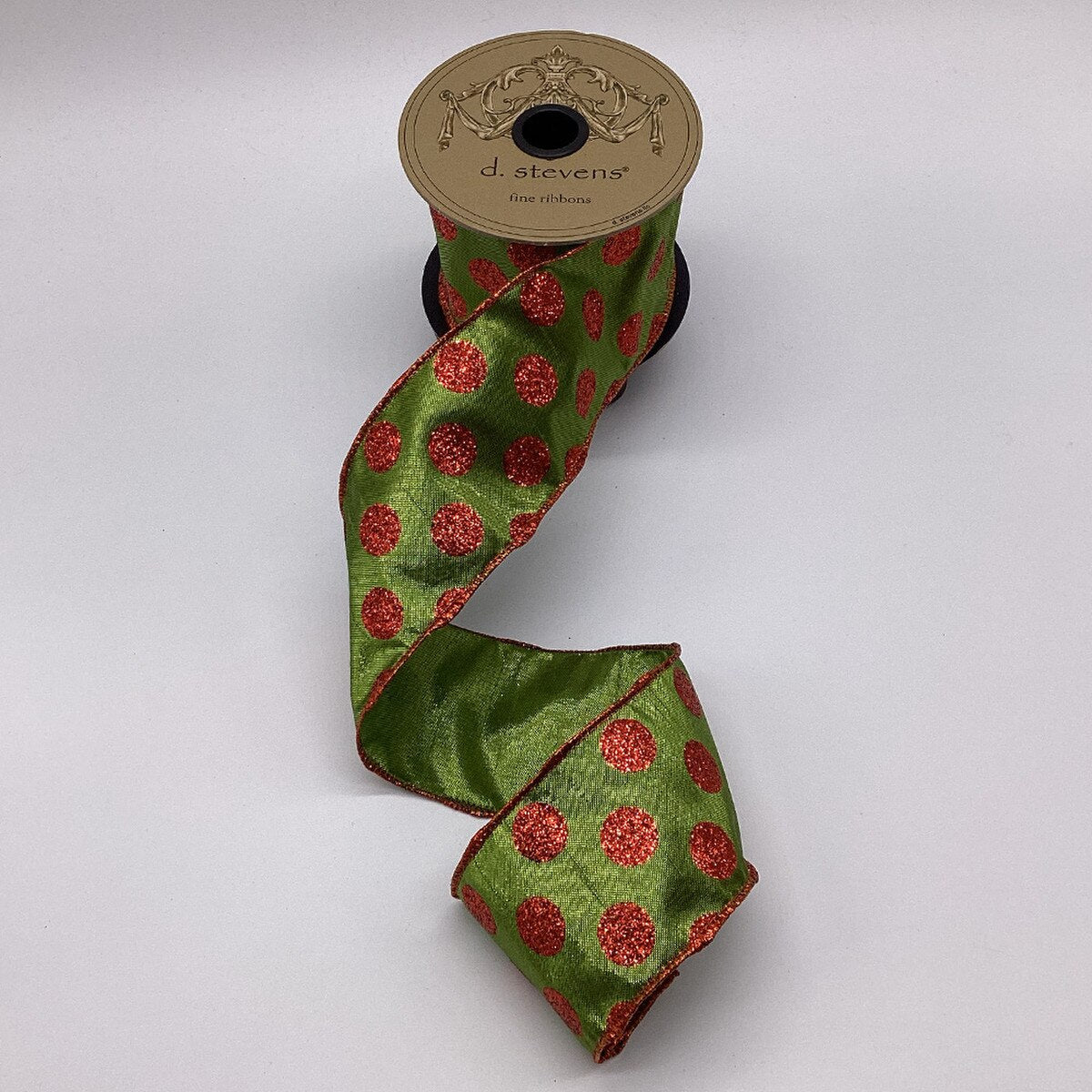 Lime Green Ribbon with Metallic Dupion Red Dots 2.5" x 10 Yds