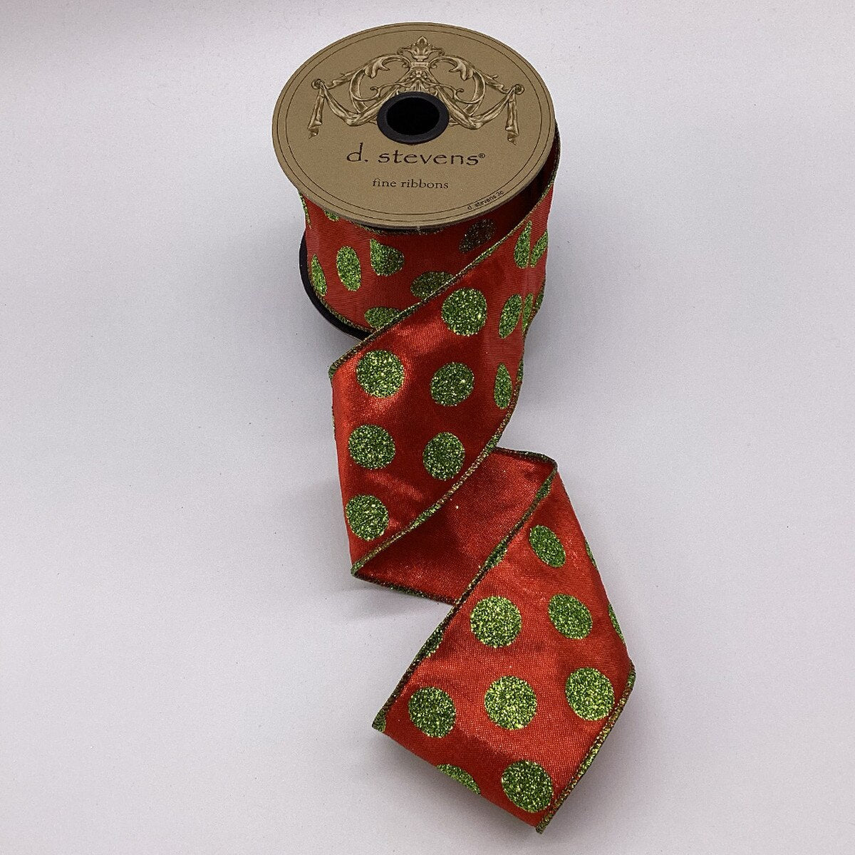 Metallic Dupion Red Ribbon 2.5 Inch Lime Dots 10 Yds