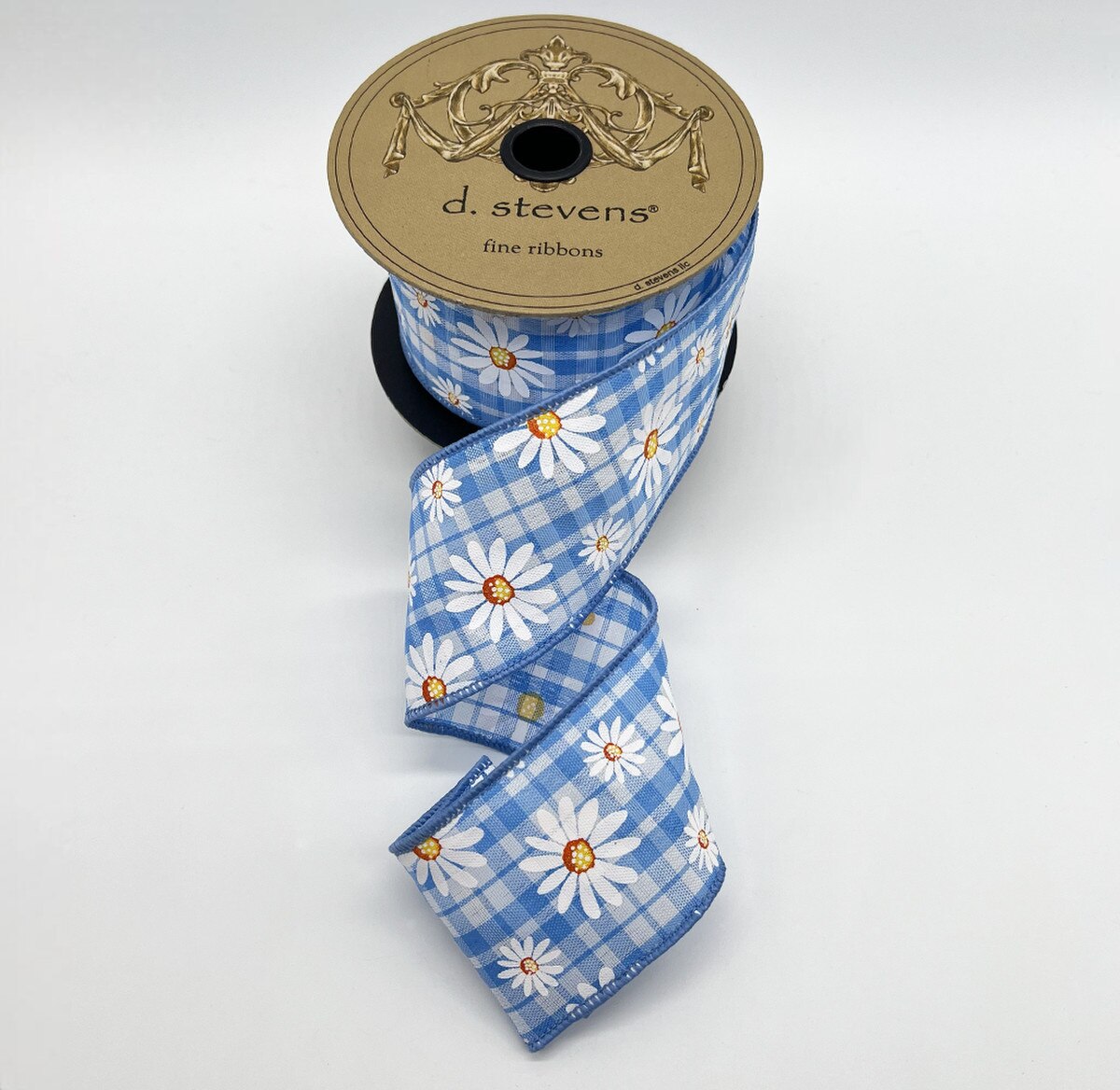 Sky Blue Poplin Check Ribbon with White Daisies 2.5" x 10 Yds
