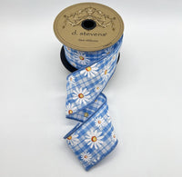 Sky Blue Poplin Check Ribbon With White Daisies 2.5