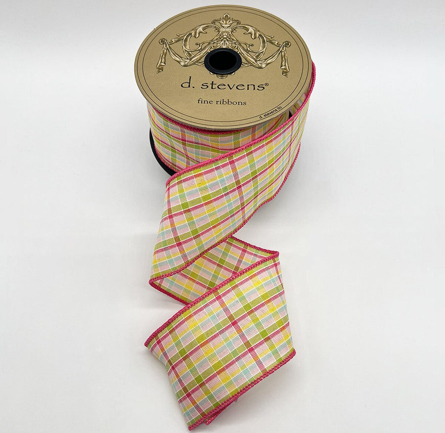 Springtime Plaid Ribbon Pink Lime Yellow 2.5" X 10 Yds