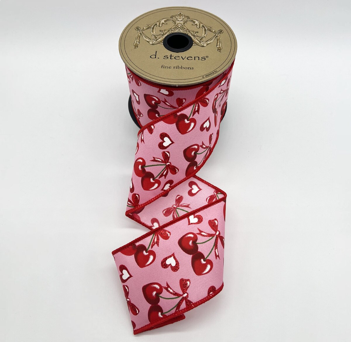 Glitter Bow Pink Red Ribbon Poplin Heart Shape Cherries 2.5" x 10 Yds