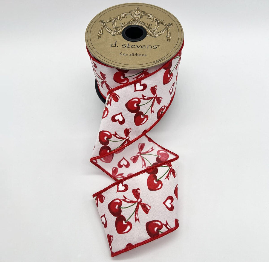 Cherries Glitter Bow White Red Ribbon Poplin 2.5" x 10 Yds