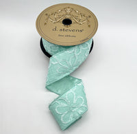 Aqua Jacquard Chenille Flowers Ribbon 2.5 Inch X 10 Yds