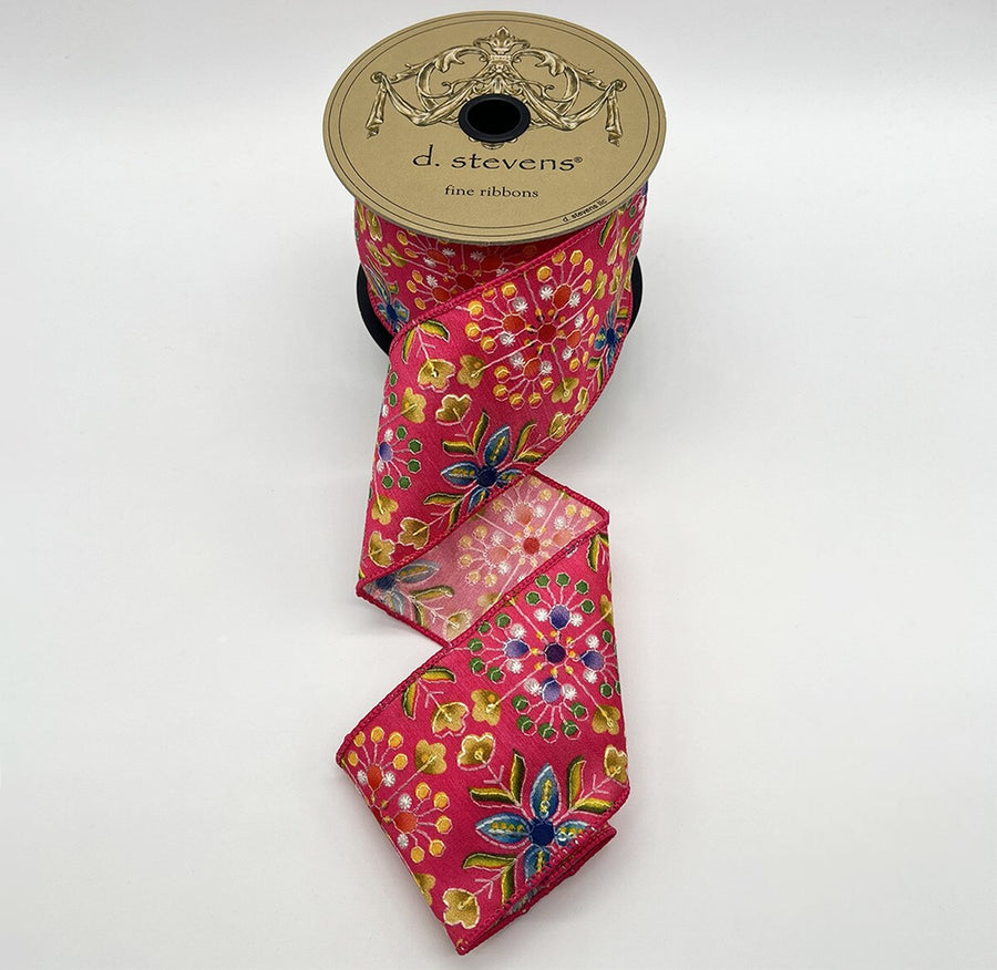 Hot Pink Poplin Geo Floral Embroidery Sequin Ribbon 3" X 10 Yds