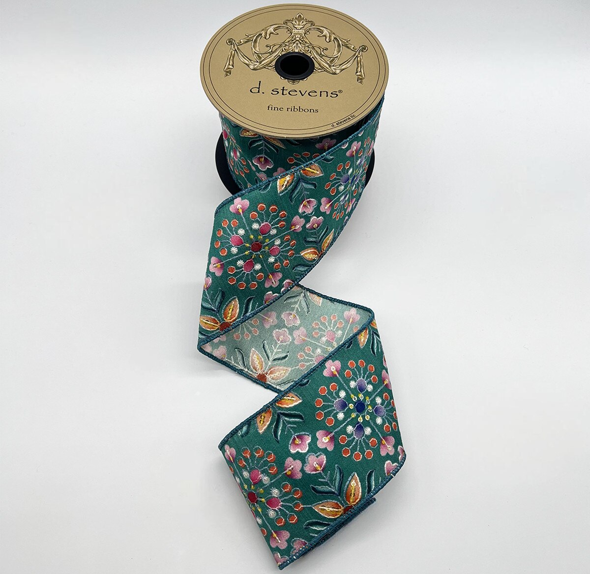 Dark Teal Poplin Ribbon with Geo Floral Embroidery and Sequins