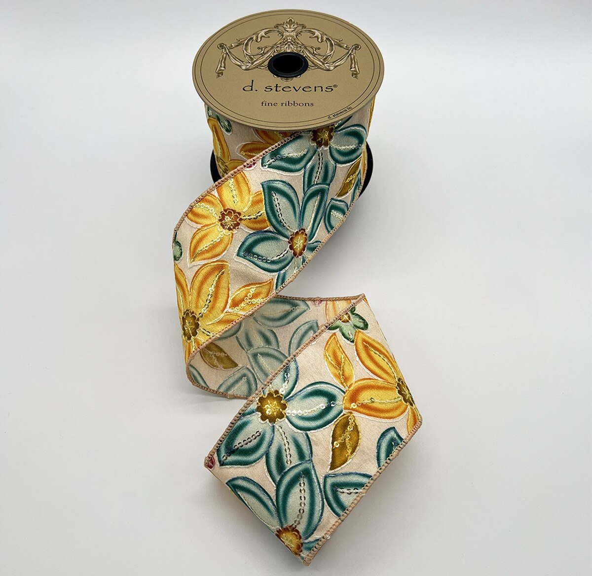 Woodland Phlox Embroidery Sequin Ribbon Golden Yellow Teal 3" x 10 Yds