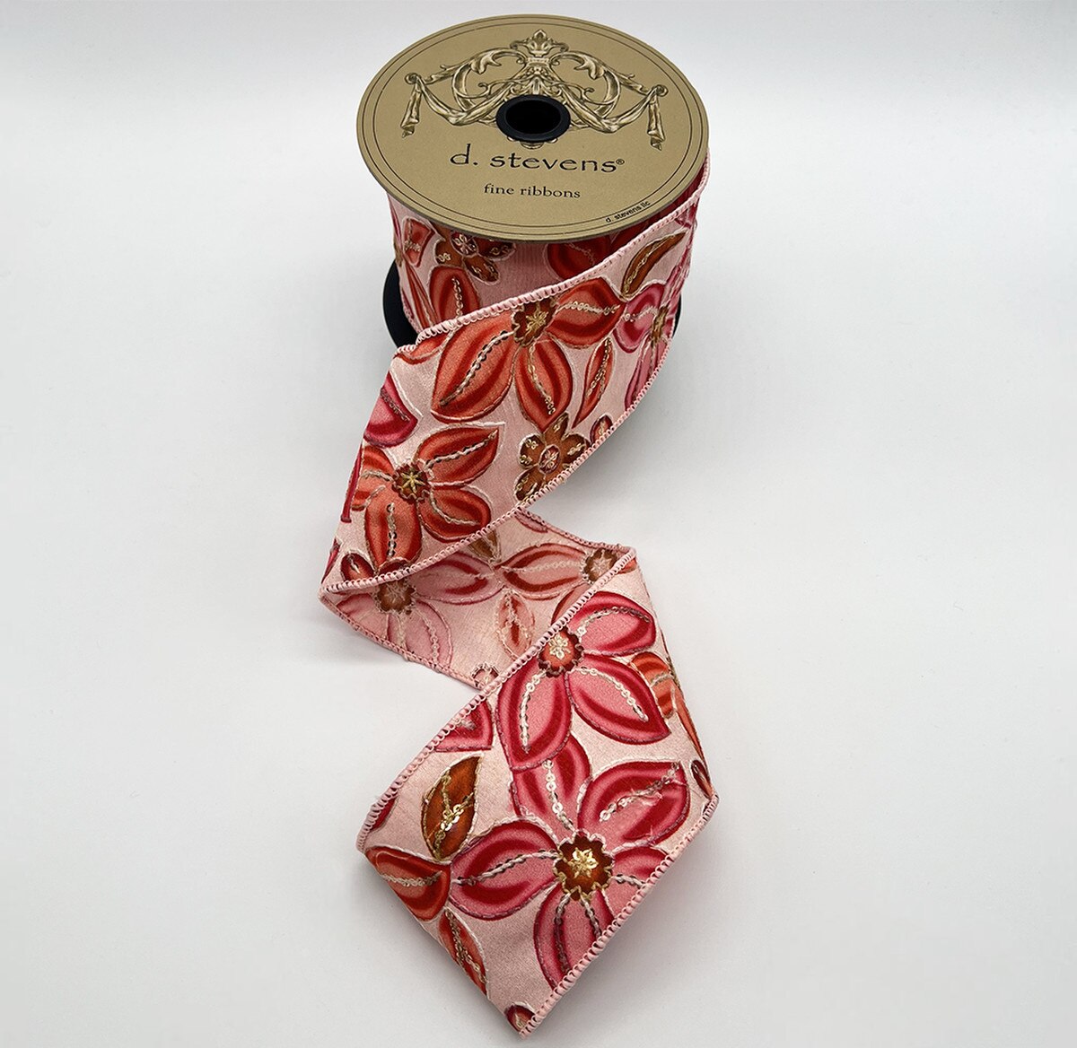 Carmine Coral Poplin Ribbon with Woodland Phlox Embroidery