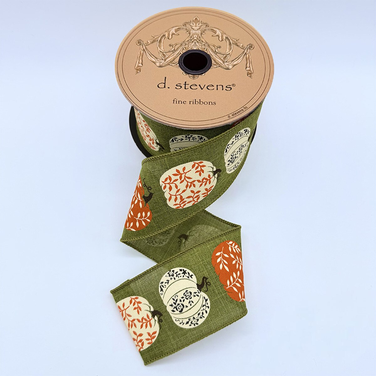 Fall Pumpkins Linen with Olive Ribbon 2.5" x 10 Yds