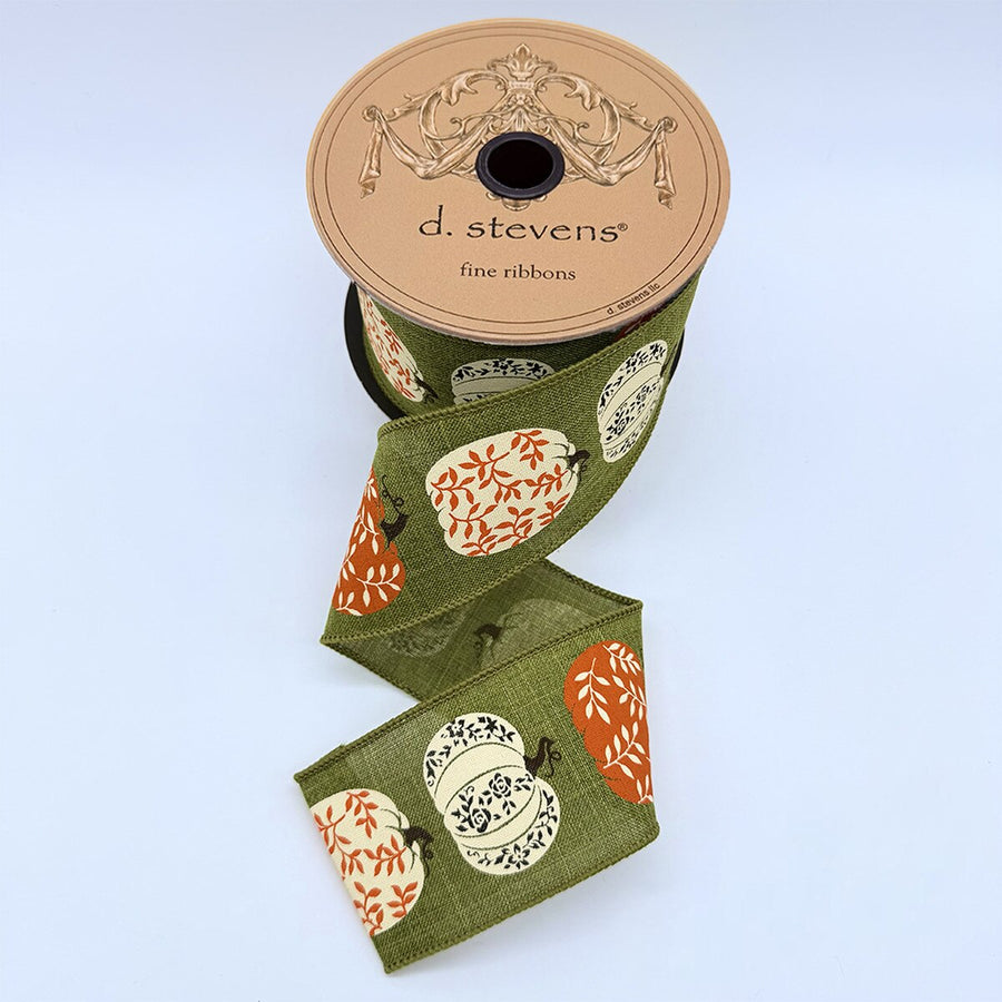 Fall Pumpkins Linen with Olive Ribbon 2.5" x 10 Yds