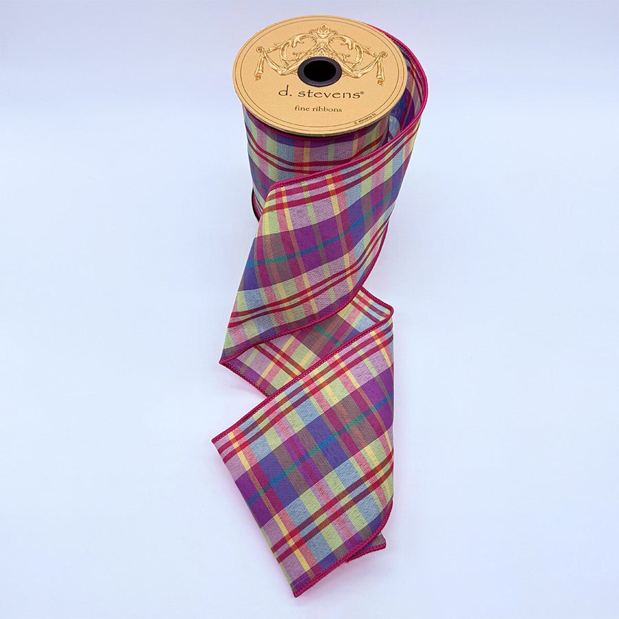 Colorful Plaid Poplin Ribbon Purple Hot Pink Aqua 4" x 10 Yds