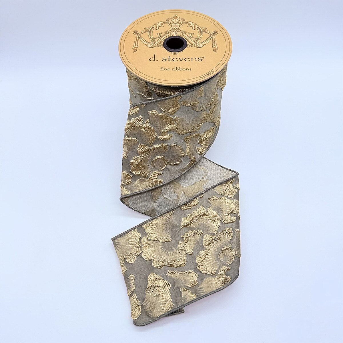 Grey Gold Jacquard Embossed Floral Ribbon 4" x 10 Yds
