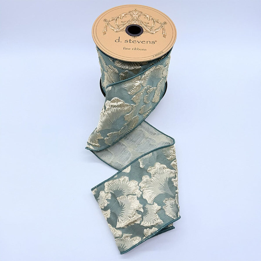 Floral Jacquard Embossed Teal Platinum Ribbon 4 Inch x 10 Yds