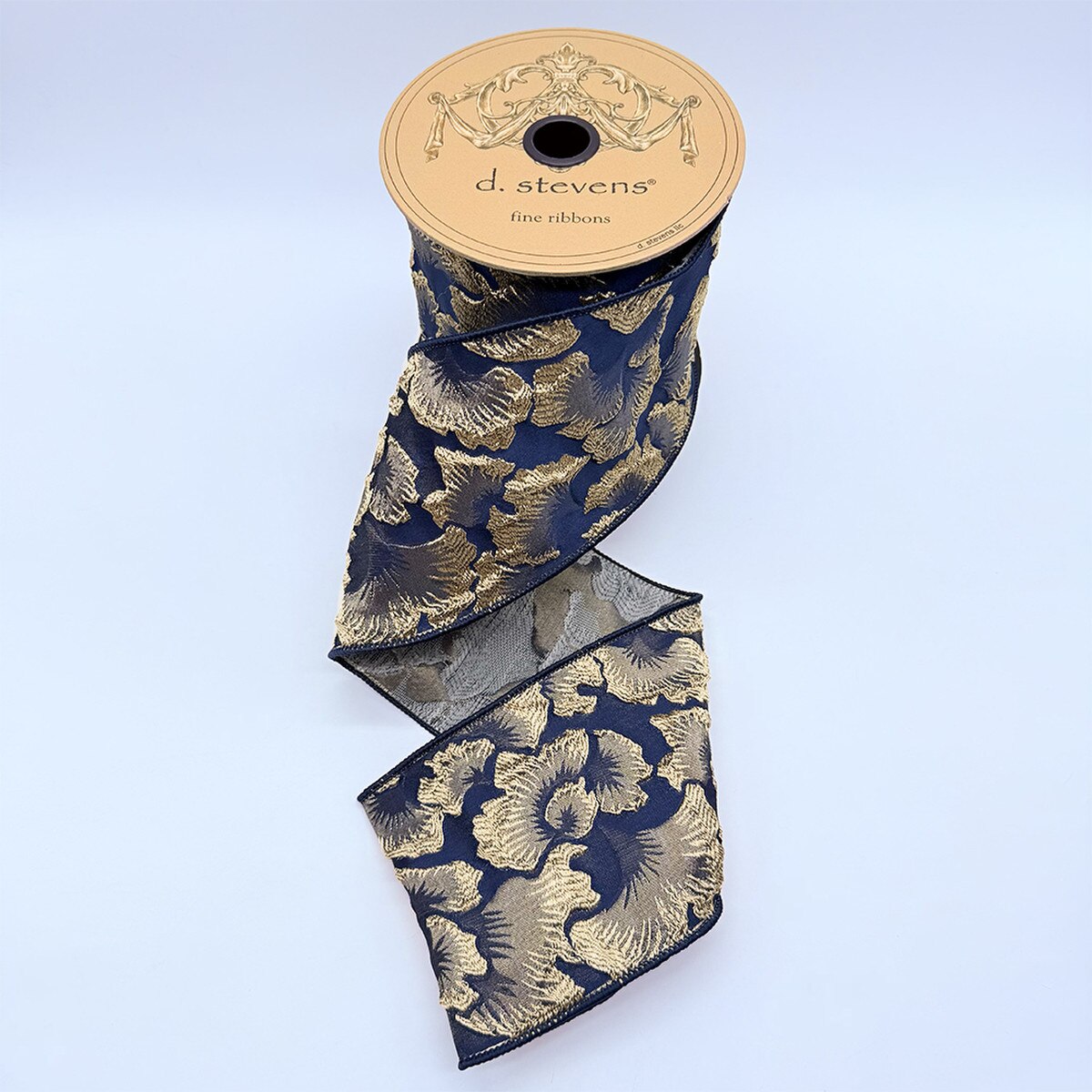 Navy Gold Jacquard Embossed Floral Ribbon 4" x 10 Yds