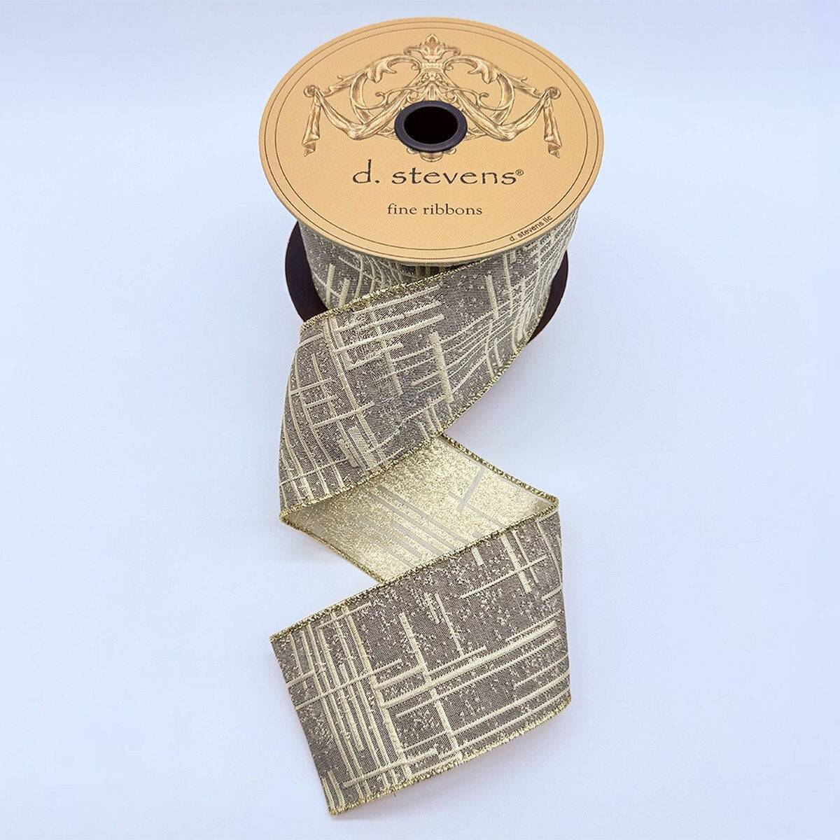 Grey Jacquard Ribbon Soft Gold Modern Lines 2.5" x 10 Yds