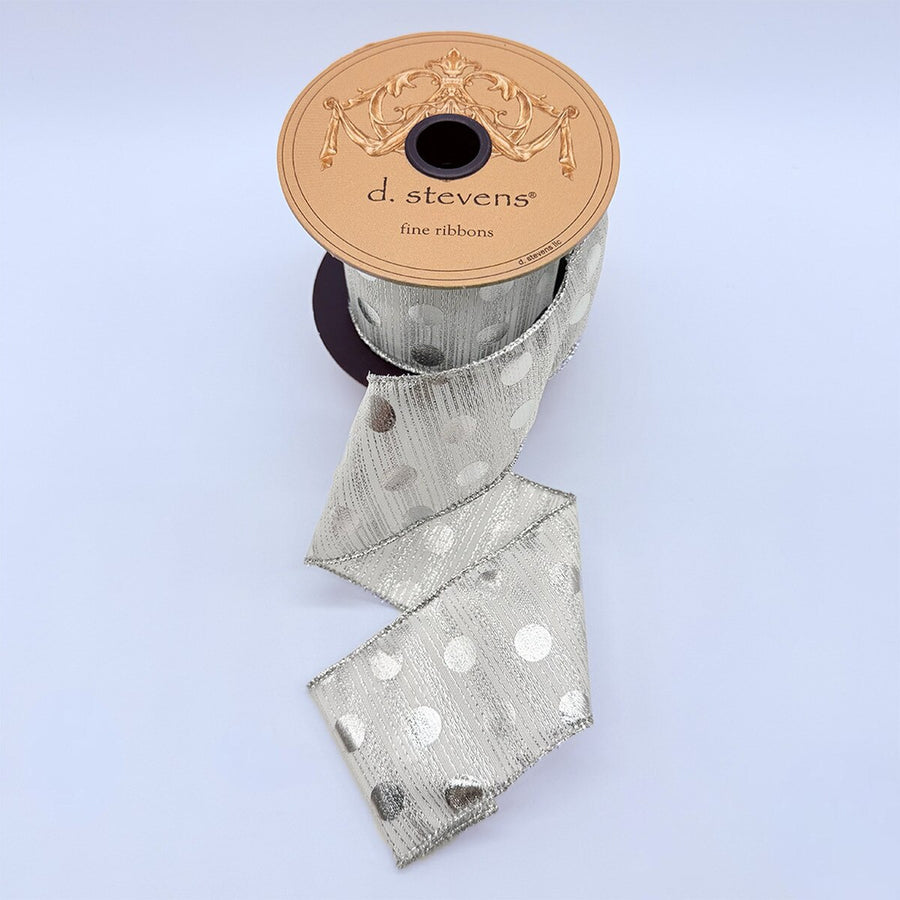 White Silver Organza Ribbon with Metallic Polka Dots 2.5" x 10 Yds
