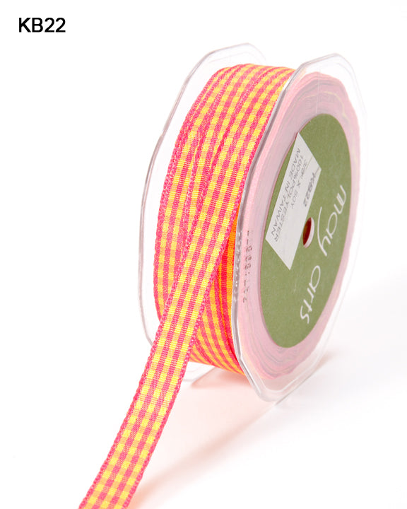 3/8 Inch Checkered Ribbon with Woven Edge – KB-8-22 FUCHSIA/YELLOW