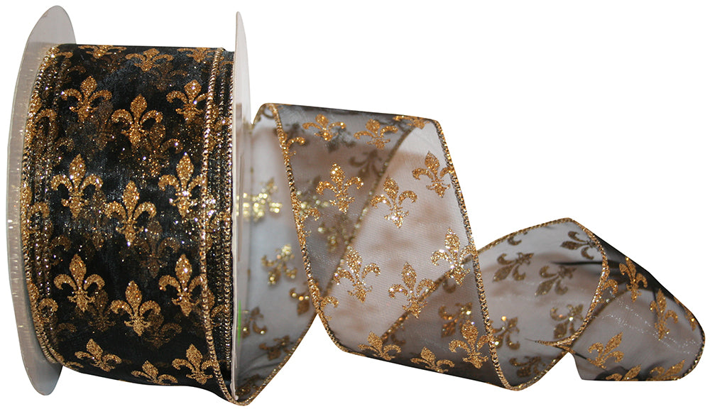 Sheer Glitter Wired Edge Ribbon Black Gold 2-1/2 Inch