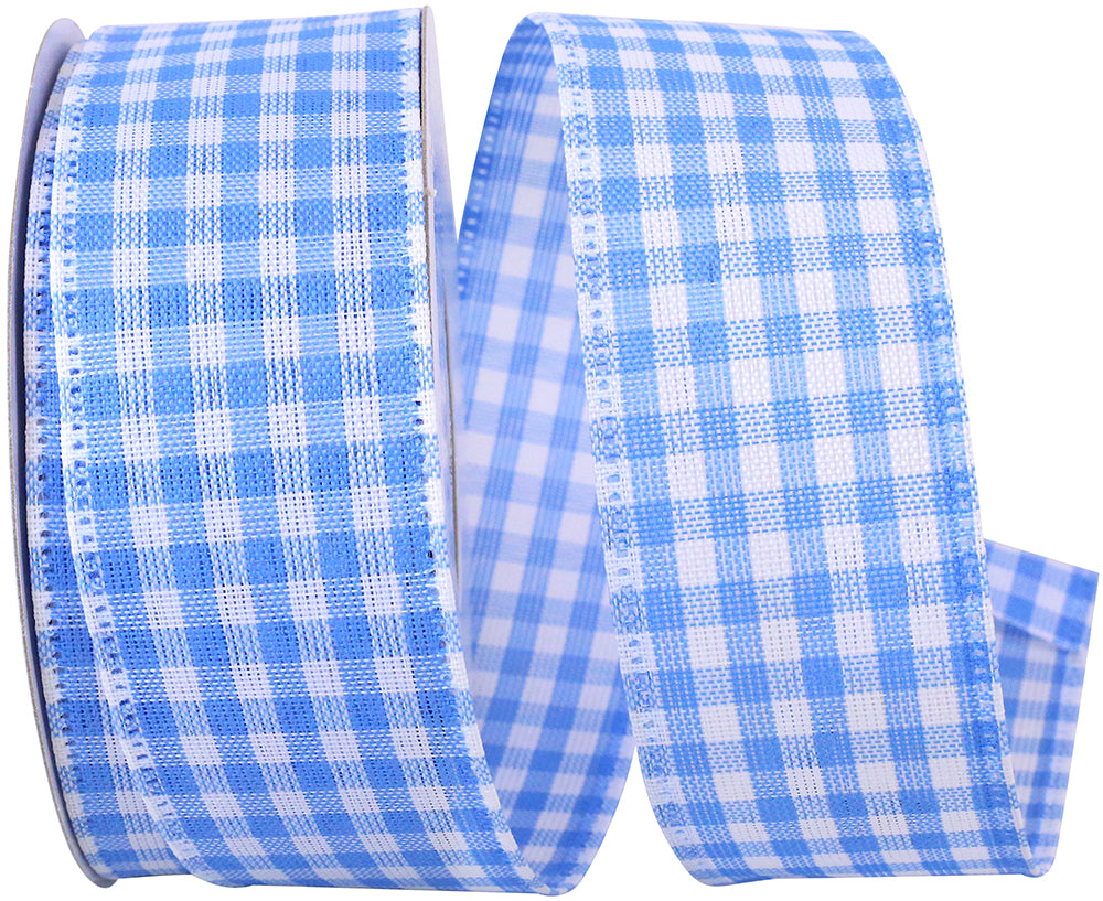 Blue Gingham Wired Edge Ribbon 1-1/2 Inch for Bows