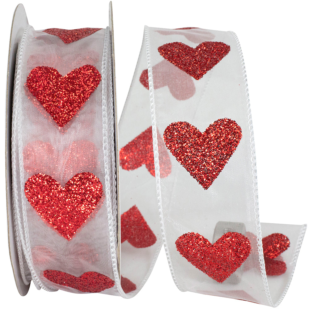 White 1-1 2 Inch Sheer Big Heart Wired Edge Ribbon for Wreaths & Bows