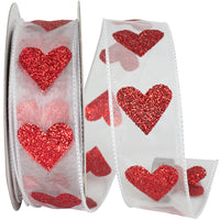 White 1-1 2 Inch Sheer Big Heart Wired Edge Ribbon for Wreaths & Bows