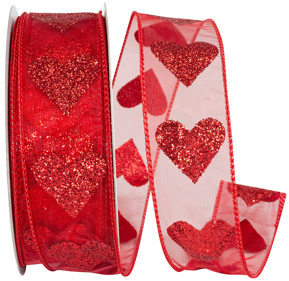 Red 1-1 2 Inch Sheer Big Heart Wired Edge Ribbon for Wreaths & Bows
