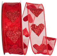 Red 1-1 2 Inch Sheer Big Heart Wired Edge Ribbon for Wreaths & Bows