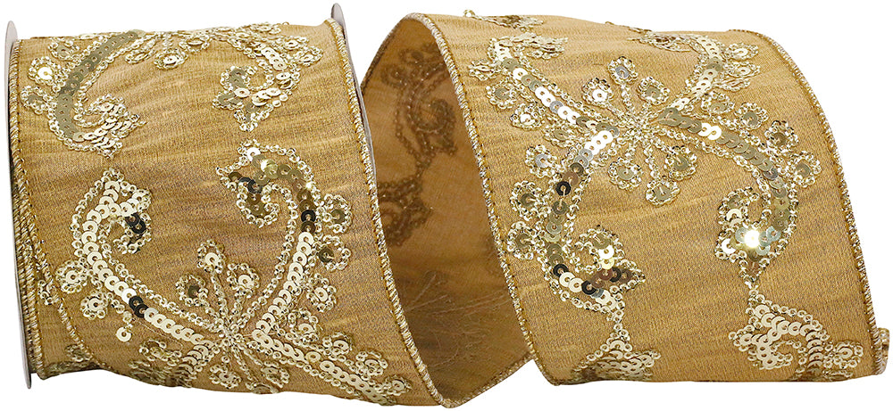 Gold Sequin Wired Edge Ribbon 4 Inch for Wreaths and Bows