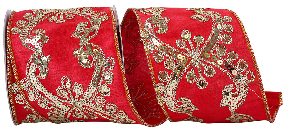 Red Sequin Wired Edge Ribbon 4 Inch for Wreaths and Bows