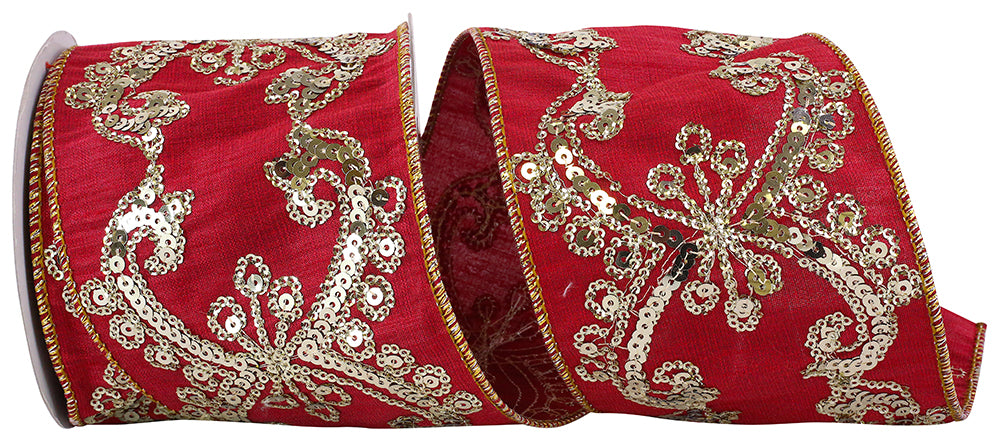 Burgundy Sequin Wired Edge Ribbon 4 Inch for Wreaths