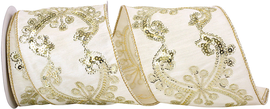 Ivory Sequin Wired Edge Ribbon 4 Inch for Wreaths