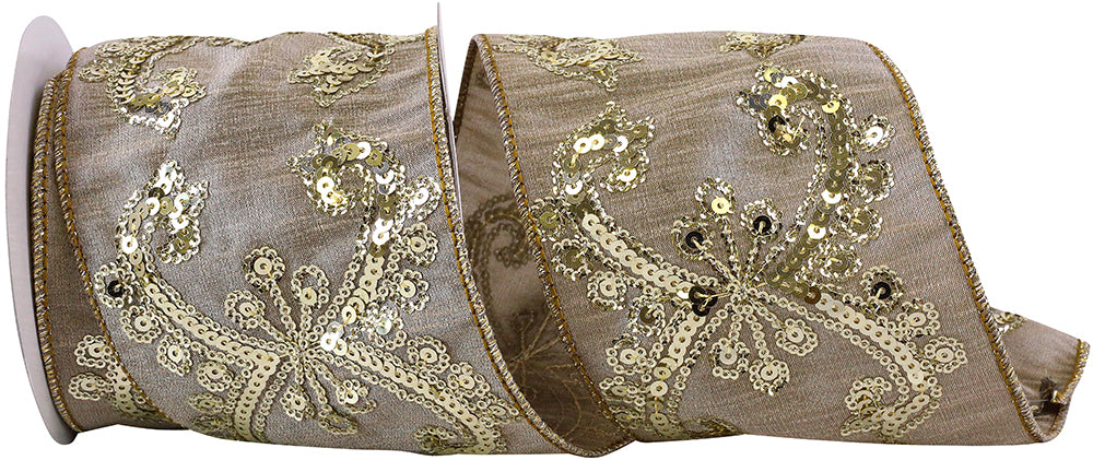 Champagne Sequin Wired Edge Ribbon 4 Inch for Bows