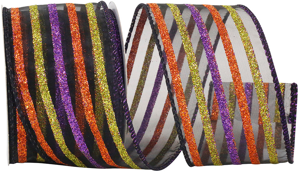 Black 2-1 2 Inch Striped Season Sheer Wired Edge Ribbon for Wreaths & Bows