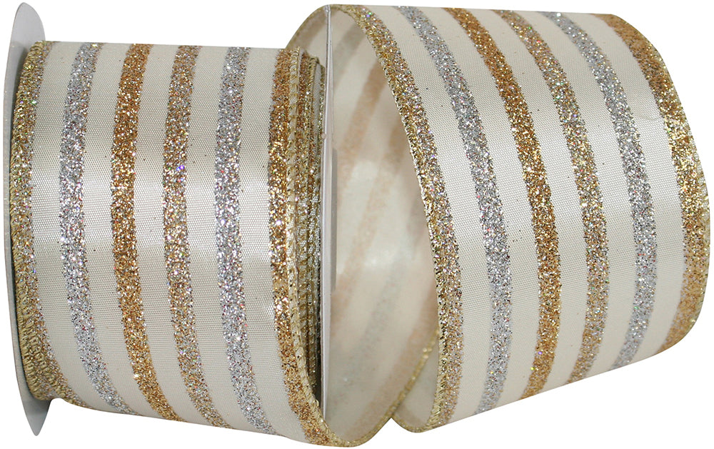 Ivory 2-1 2 Inch Champagne Stripe Wired Edge Ribbon for Wreaths & Bows