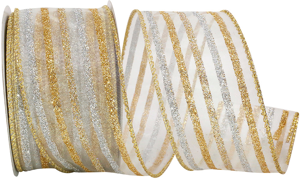 Gold Silver 2-1 2 Inch Line Sheer Wired Edge Ribbon for Wreaths & Bows