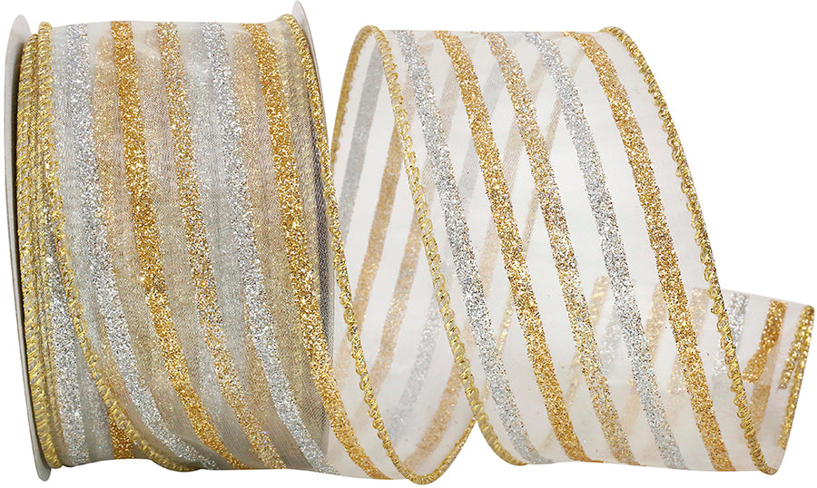 Gold Silver 2-1 2 Inch Line Sheer Wired Edge Ribbon for Wreaths & Bows