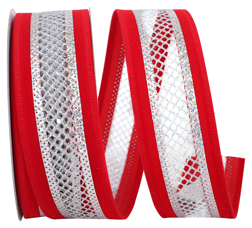 Red Silver Velvet Mesh Wired Edge Ribbon 1-1/2 Inch