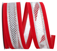 Red Silver Velvet Mesh Wired Edge Ribbon 1-1/2 Inch