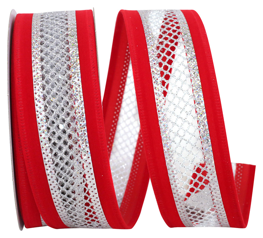 Red Silver Velvet Mesh Wired Edge Ribbon 1-1/2 Inch