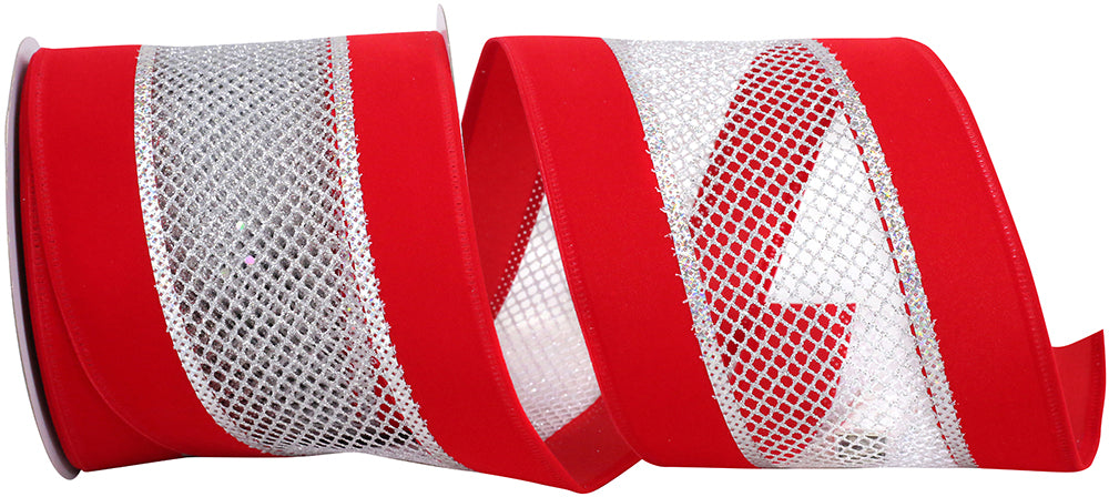 4 Inch Red Silver Velvet Mesh Wired Edge Ribbon