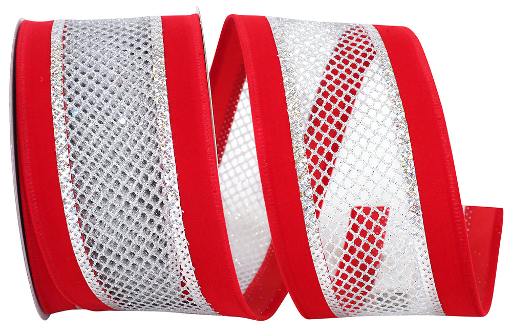 Red Silver Velvet Mesh Wired Edge Ribbon 2-1/2 Inch