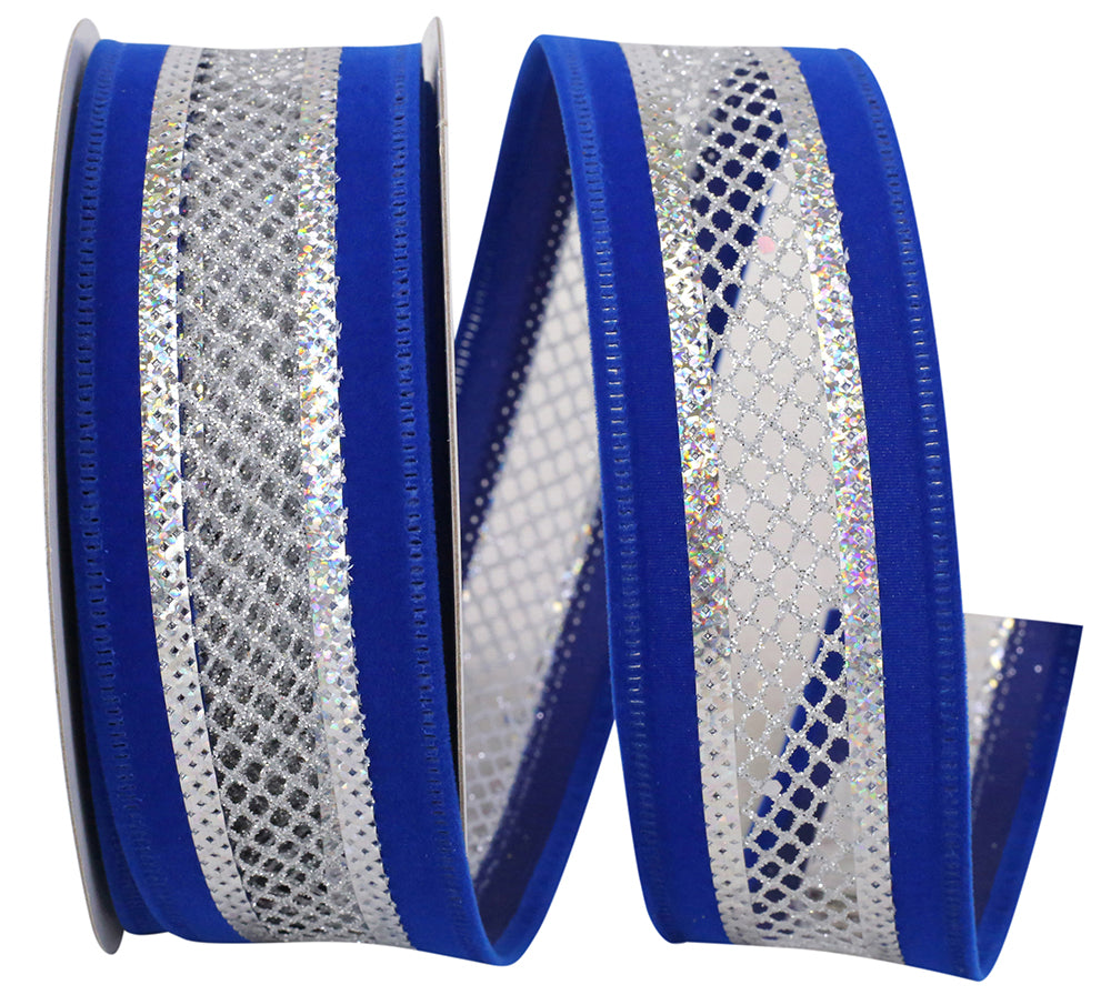 Velvet Mesh Wired Edge Ribbon Royal Silver 1-1/2 Inch