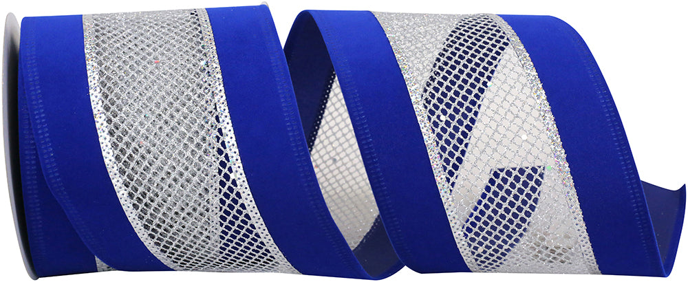 4 Inch Royal Silver Velvet Mesh Wired Edge Ribbon